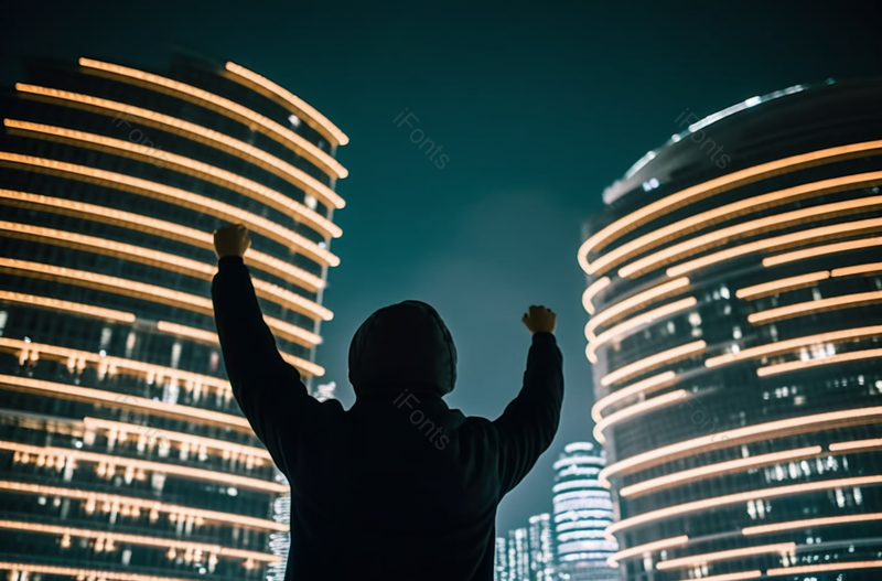 成年人在办公楼群前高举手臂背影实拍摄影图,高清,摄影图,摄影图片,图片大全,摄影图免费下载